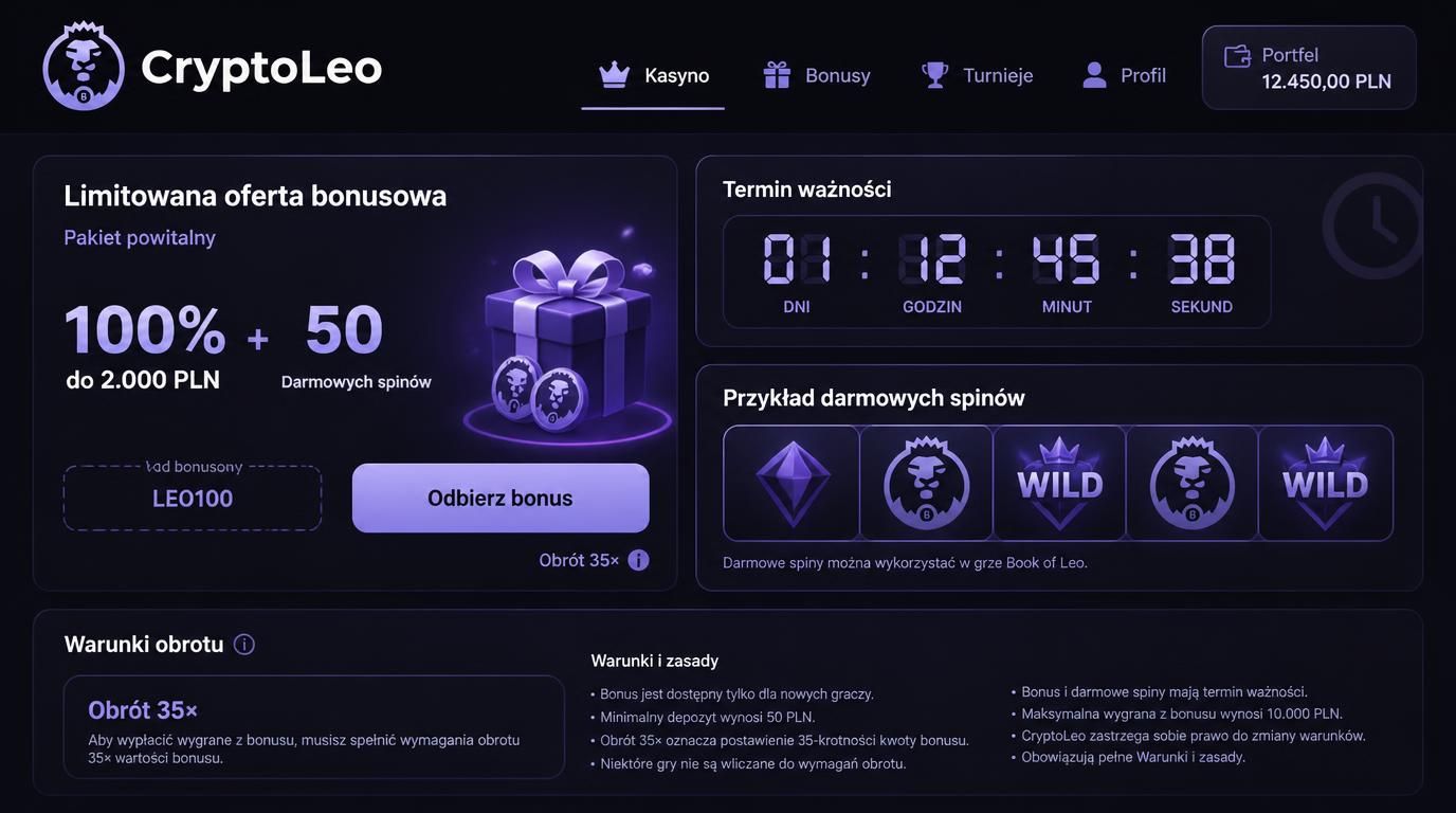 Cyfrowy zegar z terminem ważności bonusu i icony warunków obrotu 