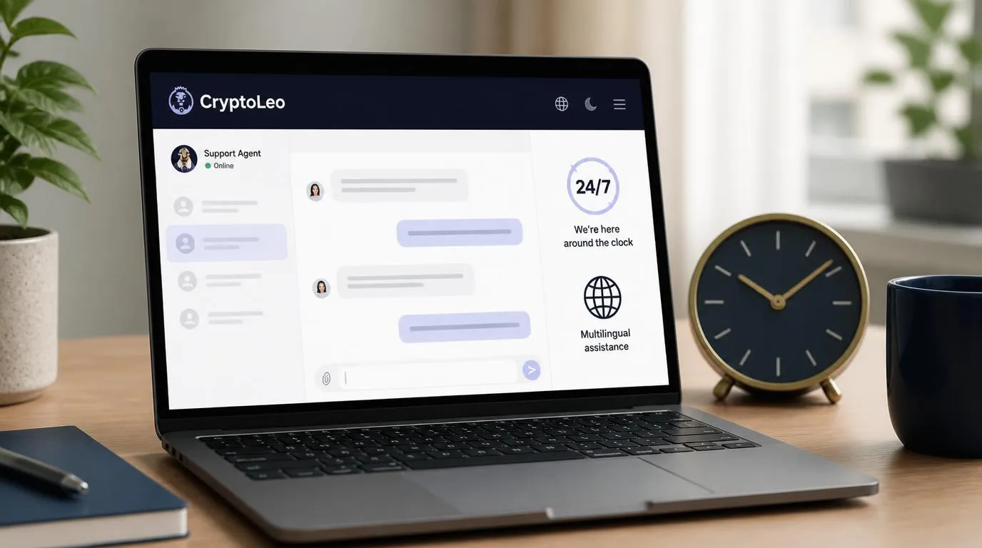 Panel czatu na żywo z oznaczeniem 24/7 i symbolem wielojęzycznej obsługi na ekranie laptopa