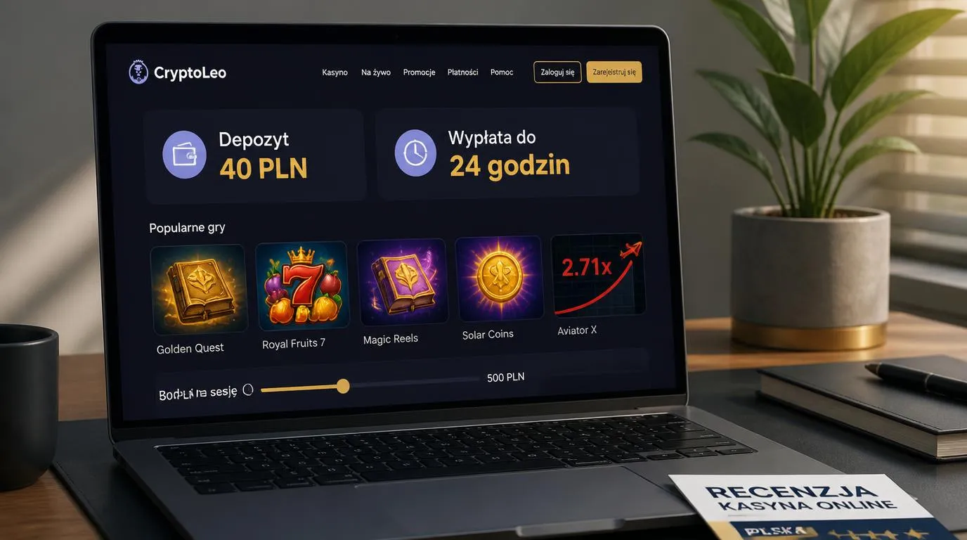 Panel kasyna z depozytem 40 PLN, czasem wypłaty do 24 godzin i kafelkami gier na ekranie laptopa